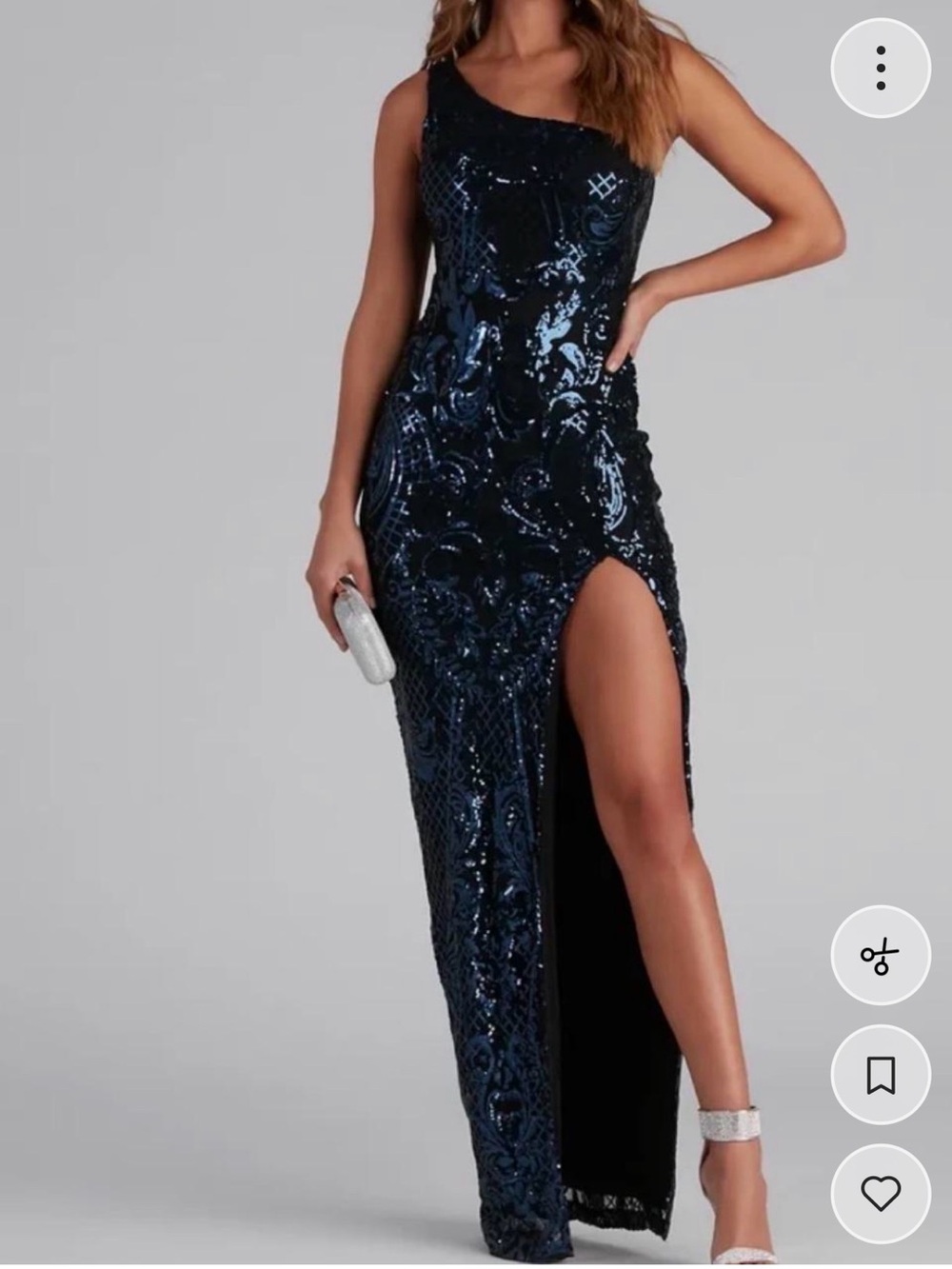 Windsor Navy Sequin One-Shoulder High-Slit Evening Gown